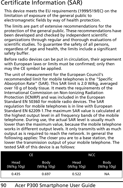 Acer P300 Smartphone User Guide90Certificate Information (SAR)This device meets the EU requirements (1999/519/EC) on the limitation of exposure of the general public to electromagnetic fields by way of health protection.The limits are part of extensive recommendations for the protection of the general public. These recommendations have been developed and checked by independent scientific organizations through regular and thorough evaluations of scientific studies. To guarantee the safety of all persons, regardless of age and health, the limits include a significant safety buffer.Before radio devices can be put in circulation, their agreement with European laws or limits must be confirmed; only then may the CE symbol be applied.The unit of measurement for the European Council&apos;s recommended limit for mobile telephones is the &quot;Specific Absorption Rate&quot; (SAR). This SAR limit is 2.0 W/kg, averaged over 10 g of body tissue. It meets the requirements of the International Commission on Non-Ionizing Radiation Protection (ICNIRP) and was included in the European Standard EN 50360 for mobile radio devices. The SAR regulation for mobile telephones is in line with European Standard EN 62209-1.The maximum SAR value is calculated at the highest output level in all frequency bands of the mobile telephone. During use, the actual SAR level is usually much lower than the maximum value, because the mobile telephone works in different output levels. It only transmits with as much output as is required to reach the network. In general the following applies: The closer you are to a base station, the lower the transmission output of your mobile telephone. The tested SAR of this device is as follows:CE NCCHead (W/kg 10g)Body (W/kg 10g)Head (W/kg 10g)Body (W/kg 10g)0.435 0.697 0.522 NA