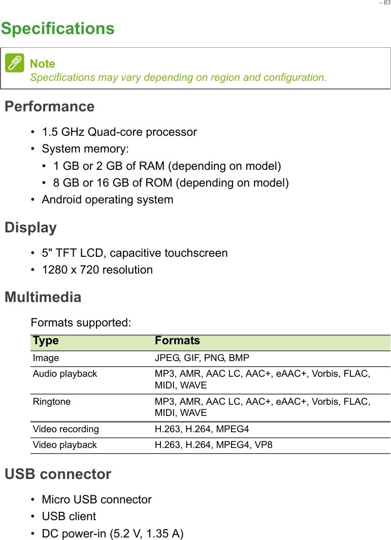  - 83SpecificationsPerformance•1.5 GHz Quad-core processor• System memory:• 1 GB or 2 GB of RAM (depending on model)• 8 GB or 16 GB of ROM (depending on model)• Android operating systemDisplay• 5&quot; TFT LCD, capacitive touchscreen• 1280 x 720 resolutionMultimediaFormats supported:USB connector• Micro USB connector• USB client• DC power-in (5.2 V, 1.35 A)NoteSpecifications may vary depending on region and configuration.Type FormatsImage JPEG, GIF, PNG, BMPAudio playback MP3, AMR, AAC LC, AAC+, eAAC+, Vorbis, FLAC, MIDI, WAVERingtone MP3, AMR, AAC LC, AAC+, eAAC+, Vorbis, FLAC, MIDI, WAVEVideo recording H.263, H.264, MPEG4Video playback H.263, H.264, MPEG4, VP8