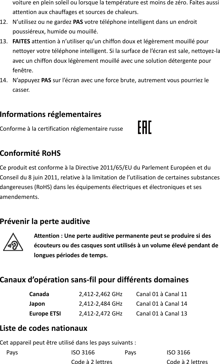 voiture en plein soleil ou lorsque la température est moins de zéro. Faites aussi attention aux chauffages et sources de chaleurs. 12. N’utilisez ou ne gardez PAS votre téléphone intelligent dans un endroit poussiéreux, humide ou mouillé. 13. FAITES attention à n’utiliser qu’un chiffon doux et légèrement mouillé pour nettoyer votre téléphone intelligent. Si la surface de l’écran est sale, nettoyez-la avec un chiffon doux légèrement mouillé avec une solution détergente pour fenêtre. 14. N’appuyez PAS sur l’écran avec une force brute, autrement vous pourriez le casser.  Informations réglementaires Conforme à la certification réglementaire russe  Conformité RoHS Ce produit est conforme à la Directive 2011/65/EU du Parlement Européen et du Conseil du 8 juin 2011, relative à la limitation de l’utilisation de certaines substances dangereuses (RoHS) dans les équipements électriques et électroniques et ses amendements.  Prévenir la perte auditive Attention : Une perte auditive permanente peut se produire si des écouteurs ou des casques sont utilisés à un volume élevé pendant de longues périodes de temps.  Canaux d’opération sans-fil pour différents domaines Canada 2,412-2,462 GHz Canal 01 à Canal 11 Japon 2,412-2,484 GHz Canal 01 à Canal 14 Europe ETSI 2,412-2,472 GHz Canal 01 à Canal 13 Liste de codes nationaux Cet appareil peut être utilisé dans les pays suivants : Pays ISO 3166 Code à 2 lettres Pays ISO 3166 Code à 2 lettres 