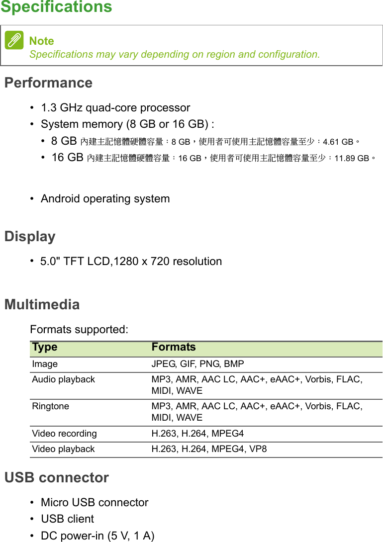 SpecificationsPerformance• 1.3 GHz quad-core processor•System memory (8 GB or 16 GB) :•8 GB 內建主記憶體硬體容量：8 GB，使用者可使用主記憶體容量至少：4.61 GB。• Android operating systemDisplay•5.0&quot; TFT LCD,1280 x 720 resolutionMultimediaFormats supported:USB connector• Micro USB connector• USB client• DC power-in (5 V, 1 A)NoteSpecifications may vary depending on region and configuration.Type FormatsImage JPEG, GIF, PNG, BMPAudio playback MP3, AMR, AAC LC, AAC+, eAAC+, Vorbis, FLAC, MIDI, WAVERingtone MP3, AMR, AAC LC, AAC+, eAAC+, Vorbis, FLAC, MIDI, WAVEVideo recording H.263, H.264, MPEG4Video playback H.263, H.264, MPEG4, VP8•16 GB 內建主記憶體硬體容量：16 GB，使用者可使用主記憶體容量至少：11.89 GB。