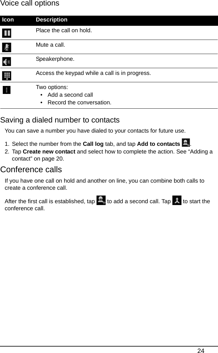 24Voice call options• Add a second call• Record the conversation. Saving a dialed number to contactsYou can save a number you have dialed to your contacts for future use.1. Select the number from the Call log tab, and tap Add to contacts .2. Tap Create new contact and select how to complete the action. See “Adding a contact” on page 20.Conference callsIf you have one call on hold and another on line, you can combine both calls to create a conference call.After the first call is established, tap   to add a second call. Tap   to start the conference call.Icon DescriptionPlace the call on hold.Mute a call.Speakerphone.Access the keypad while a call is in progress.Two options: