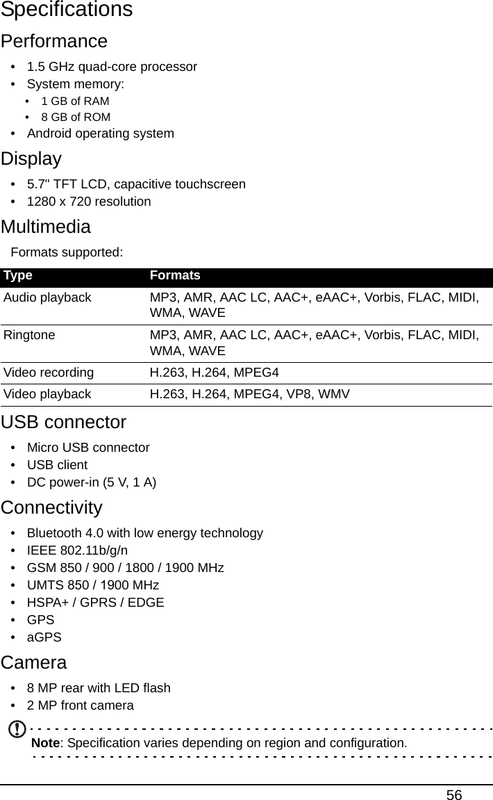 56SpecificationsPerformance• 1.5 GHz quad-core processor • System memory:• 1 GB of RAM• 8 GB of ROM• Android operating systemDisplay• 5.7&quot; TFT LCD, capacitive touchscreen• 1280 x 720 resolutionMultimediaFormats supported:USB connector• Micro USB connector• USB client• DC power-in (5 V, 1 A)Connectivity• Bluetooth 4.0 with low energy technology• IEEE 802.11b/g/n• GSM 850 / 900 / 1800 / 1900 MHz• UMTS 850 / 1900 MHz • HSPA+ / GPRS / EDGE•GPS•aGPSCamera• 8 MP rear with LED flash• 2 MP front cameraNote: Specification varies depending on region and configuration.Type FormatsAudio playback MP3, AMR, AAC LC, AAC+, eAAC+, Vorbis, FLAC, MIDI, WMA, WAVERingtone MP3, AMR, AAC LC, AAC+, eAAC+, Vorbis, FLAC, MIDI, WMA, WAVEVideo recording H.263, H.264, MPEG4Video playback H.263, H.264, MPEG4, VP8, WMV