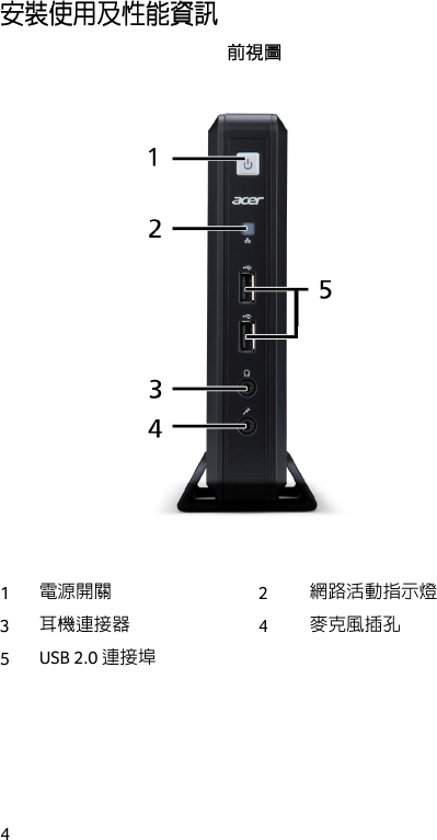  4 安裝使用及性能資訊 前視圖  1  電源開關 2  網路活動指示燈 3  耳機連接器 4  麥克風插孔 5  USB 2.0 連接埠   