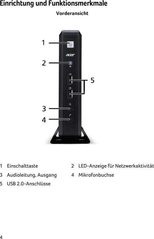  4 Einrichtung und Funktionsmerkmale Vorderansicht  1 Einschalttaste  2 LED-Anzeige für Netzwerkaktivität3 Audioleitung, Ausgang  4 Mikrofonbuchse 5 USB 2.0-Anschlüsse      