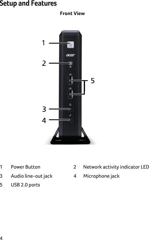  4 Setup and Features Front View  1  Power Button  2  Network activity indicator LED 3  Audio line-out jack  4  Microphone jack 5  USB 2.0 ports     
