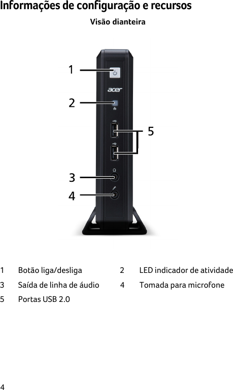  4 Informações de configuração e recursos Visão dianteira  1  Botão liga/desliga  2  LED indicador de atividade 3  Saída de linha de áudio  4  Tomada para microfone 5  Portas USB 2.0      