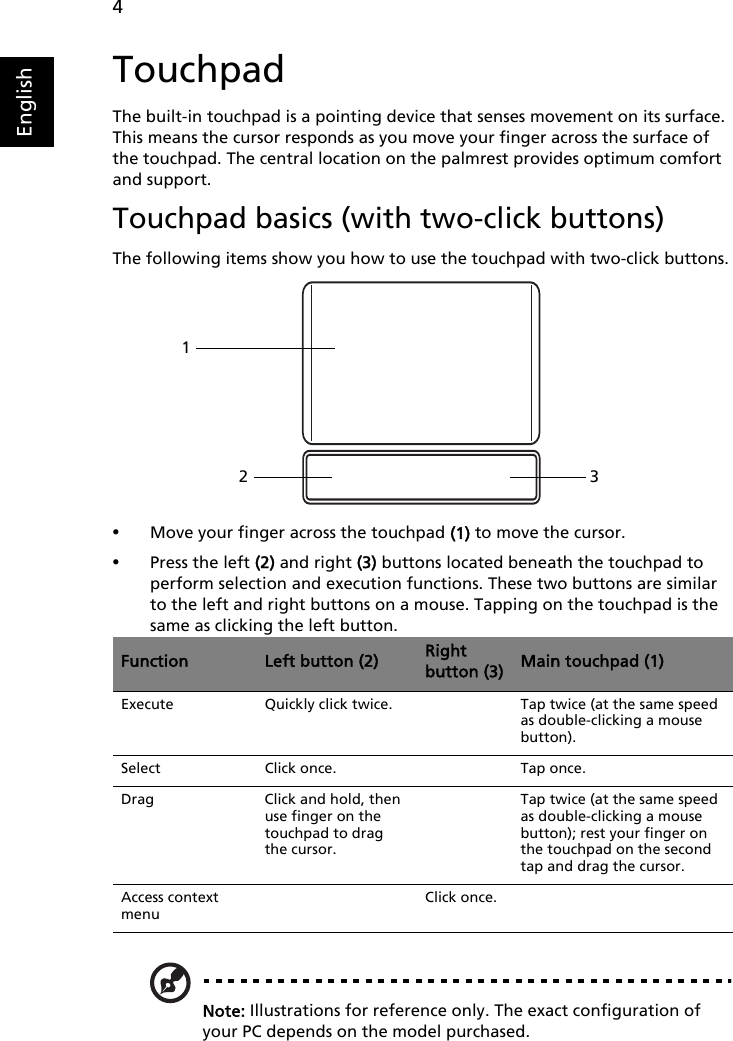 4EnglishTouchpadThe built-in touchpad is a pointing device that senses movement on its surface. This means the cursor responds as you move your finger across the surface of the touchpad. The central location on the palmrest provides optimum comfort and support.Touchpad basics (with two-click buttons)The following items show you how to use the touchpad with two-click buttons.•Move your finger across the touchpad (1) to move the cursor.•Press the left (2) and right (3) buttons located beneath the touchpad to perform selection and execution functions. These two buttons are similar to the left and right buttons on a mouse. Tapping on the touchpad is the same as clicking the left button.Note: Illustrations for reference only. The exact configuration of your PC depends on the model purchased.Function Left button (2) Right button (3) Main touchpad (1)Execute Quickly click twice. Tap twice (at the same speed as double-clicking a mouse button).Select Click once. Tap once.Drag Click and hold, then use finger on the touchpad to drag the cursor.Tap twice (at the same speed as double-clicking a mouse button); rest your finger on the touchpad on the second tap and drag the cursor.Access context menuClick once.123   