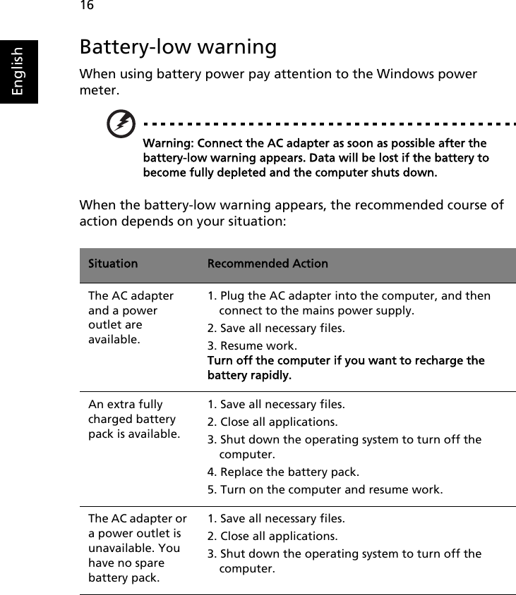 16EnglishBattery-low warningWhen using battery power pay attention to the Windows power meter.Warning: Connect the AC adapter as soon as possible after the battery-low warning appears. Data will be lost if the battery to become fully depleted and the computer shuts down.When the battery-low warning appears, the recommended course of action depends on your situation:Situation Recommended ActionThe AC adapter and a power outlet are available.1. Plug the AC adapter into the computer, and then connect to the mains power supply.2. Save all necessary files.3. Resume work.Turn off the computer if you want to recharge the battery rapidly.An extra fully charged battery pack is available.1. Save all necessary files.2. Close all applications.3. Shut down the operating system to turn off the computer.4. Replace the battery pack.5. Turn on the computer and resume work.The AC adapter or a power outlet is unavailable. You have no spare battery pack.1. Save all necessary files.2. Close all applications.3. Shut down the operating system to turn off the computer.