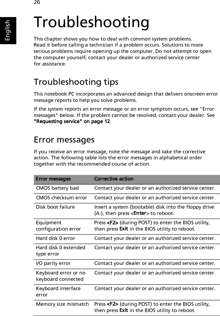 27EnglishIf you still encounter problems after going through the corrective measures, please contact your dealer or an authorized service center for assistance. Some problems may be solved using the BIOS utility.