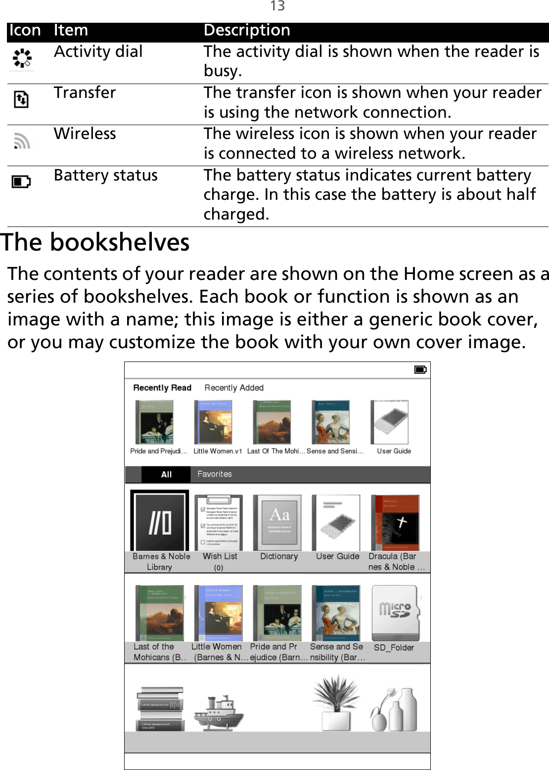 13The bookshelvesThe contents of your reader are shown on the Home screen as a series of bookshelves. Each book or function is shown as an image with a name; this image is either a generic book cover, or you may customize the book with your own cover image.Icon Item DescriptionActivity dial The activity dial is shown when the reader is busy.Transfer The transfer icon is shown when your reader is using the network connection.WirelessThe wireless icon is shown when your reader is connected to a wireless network.Battery status The battery status indicates current battery charge. In this case the battery is about half charged.