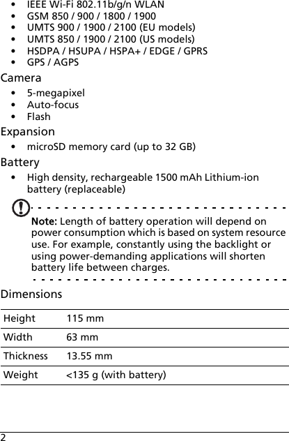 2• IEEE Wi-Fi 802.11b/g/n WLAN• GSM 850 / 900 / 1800 / 1900• UMTS 900 / 1900 / 2100 (EU models)• UMTS 850 / 1900 / 2100 (US models)• HSDPA / HSUPA / HSPA+ / EDGE / GPRS•GPS / AGPSCamera• 5-megapixel• Auto-focus•FlashExpansion• microSD memory card (up to 32 GB)Battery• High density, rechargeable 1500 mAh Lithium-ion battery (replaceable)Note: Length of battery operation will depend on power consumption which is based on system resource use. For example, constantly using the backlight or using power-demanding applications will shorten battery life between charges.DimensionsHeight 115 mmWidth 63 mmThickness 13.55 mmWeight &lt;135 g (with battery)