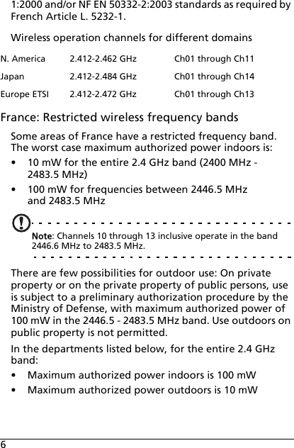 61:2000 and/or NF EN 50332-2:2003 standards as required by French Article L. 5232-1.Wireless operation channels for different domainsFrance: Restricted wireless frequency bandsSome areas of France have a restricted frequency band. The worst case maximum authorized power indoors is:• 10 mW for the entire 2.4 GHz band (2400 MHz - 2483.5 MHz)• 100 mW for frequencies between 2446.5 MHz and 2483.5 MHzNote: Channels 10 through 13 inclusive operate in the band 2446.6 MHz to 2483.5 MHz.There are few possibilities for outdoor use: On private property or on the private property of public persons, use is subject to a preliminary authorization procedure by the Ministry of Defense, with maximum authorized power of 100 mW in the 2446.5 - 2483.5 MHz band. Use outdoors on public property is not permitted.In the departments listed below, for the entire 2.4 GHz band:• Maximum authorized power indoors is 100 mW• Maximum authorized power outdoors is 10 mWN. America 2.412-2.462 GHz Ch01 through Ch11Japan 2.412-2.484 GHz Ch01 through Ch14Europe ETSI 2.412-2.472 GHz Ch01 through Ch13