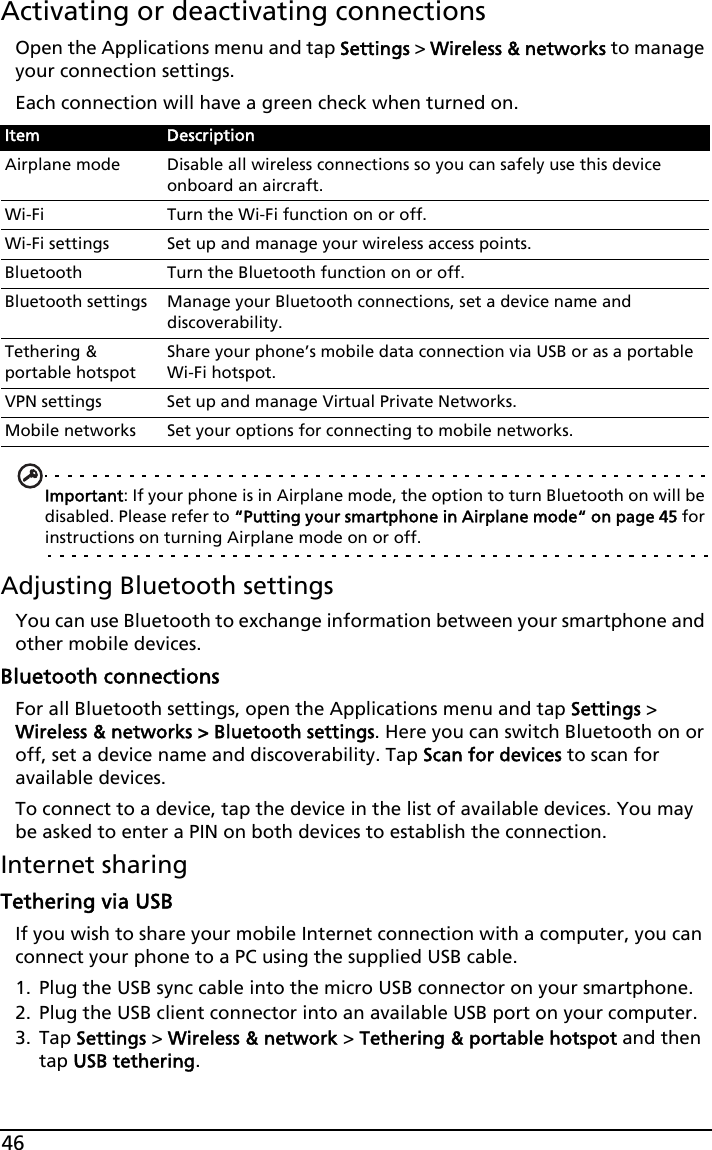 46Activating or deactivating connectionsOpen the Applications menu and tap Settings &gt; Wireless &amp; networks to manage your connection settings.Each connection will have a green check when turned on.Important: If your phone is in Airplane mode, the option to turn Bluetooth on will be disabled. Please refer to “Putting your smartphone in Airplane mode“ on page 45 for instructions on turning Airplane mode on or off.Adjusting Bluetooth settingsYou can use Bluetooth to exchange information between your smartphone and other mobile devices.Bluetooth connectionsFor all Bluetooth settings, open the Applications menu and tap Settings &gt; Wireless &amp; networks &gt; Bluetooth settings. Here you can switch Bluetooth on or off, set a device name and discoverability. Tap Scan for devices to scan for available devices.To connect to a device, tap the device in the list of available devices. You may be asked to enter a PIN on both devices to establish the connection.Internet sharingTethering via USBIf you wish to share your mobile Internet connection with a computer, you can connect your phone to a PC using the supplied USB cable. 1. Plug the USB sync cable into the micro USB connector on your smartphone. 2. Plug the USB client connector into an available USB port on your computer.3. Tap Settings &gt; Wireless &amp; network &gt; Tethering &amp; portable hotspot and then tap USB tethering.Item DescriptionAirplane mode Disable all wireless connections so you can safely use this device onboard an aircraft.Wi-Fi Turn the Wi-Fi function on or off.Wi-Fi settings Set up and manage your wireless access points.Bluetooth Turn the Bluetooth function on or off.Bluetooth settings Manage your Bluetooth connections, set a device name and discoverability.Tethering &amp; portable hotspotShare your phone’s mobile data connection via USB or as a portable Wi-Fi hotspot.VPN settings Set up and manage Virtual Private Networks.Mobile networks Set your options for connecting to mobile networks.