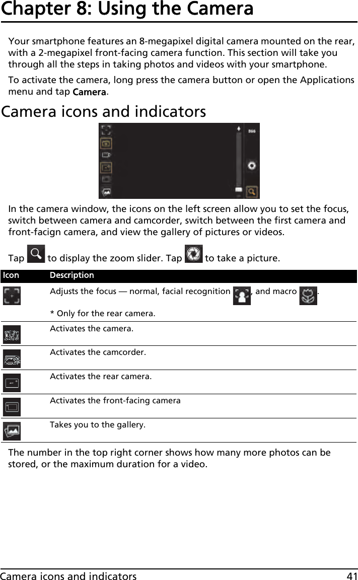 41Camera icons and indicatorsChapter 8: Using the CameraYour smartphone features an 8-megapixel digital camera mounted on the rear, with a 2-megapixel front-facing camera function. This section will take you through all the steps in taking photos and videos with your smartphone.To activate the camera, long press the camera button or open the Applications menu and tap Camera.Camera icons and indicatorsIn the camera window, the icons on the left screen allow you to set the focus, switch between camera and camcorder, switch between the first camera and front-facign camera, and view the gallery of pictures or videos. Tap   to display the zoom slider. Tap   to take a picture.The number in the top right corner shows how many more photos can be stored, or the maximum duration for a video.Icon DescriptionAdjusts the focus — normal, facial recognition  , and macro  .* Only for the rear camera.Activates the camera.Activates the camcorder.Activates the rear camera.Activates the front-facing cameraTakes you to the gallery.