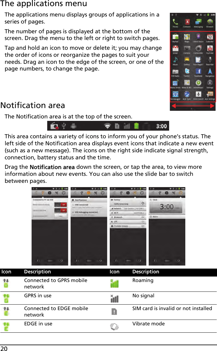 20The applications menuThe applications menu displays groups of applications in a series of pages. The number of pages is displayed at the bottom of the screen. Drag the menu to the left or right to switch pages. Tap and hold an icon to move or delete it; you may change the order of icons or reorganize the pages to suit your needs. Drag an icon to the edge of the screen, or one of the page numbers, to change the page.Notification areaThe Notification area is at the top of the screen. This area contains a variety of icons to inform you of your phone’s status. The left side of the Notification area displays event icons that indicate a new event (such as a new message). The icons on the right side indicate signal strength, connection, battery status and the time.Drag the Notification area down the screen, or tap the area, to view more information about new events. You can also use the slide bar to switch between pages.Icon Description Icon DescriptionConnected to GPRS mobile networkRoamingGPRS in use No signalConnected to EDGE mobile networkSIM card is invalid or not installedEDGE in use Vibrate mode