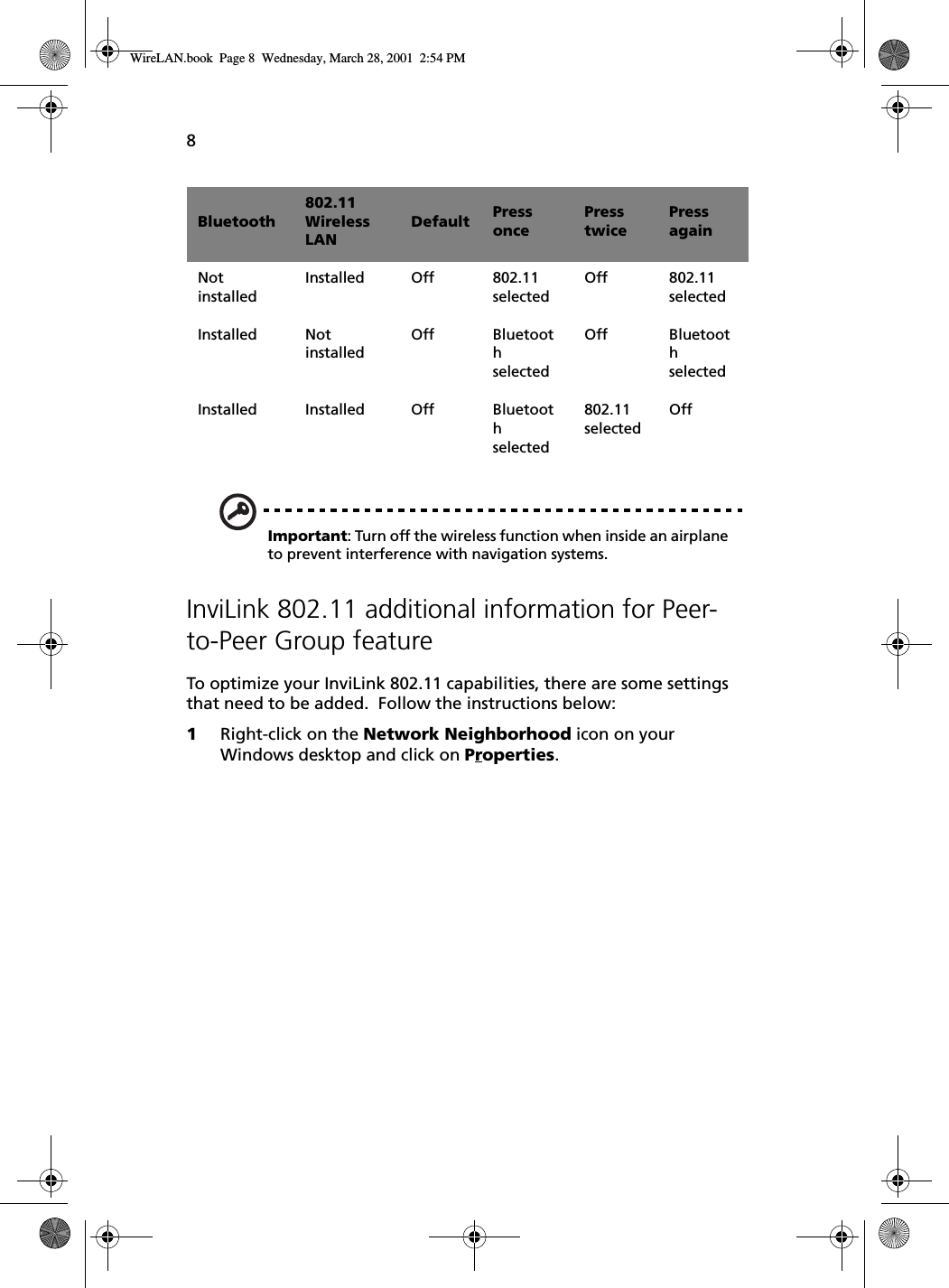 8Important: Turn off the wireless function when inside an airplane to prevent interference with navigation systems.InviLink 802.11 additional information for Peer-to-Peer Group featureTo optimize your InviLink 802.11 capabilities, there are some settings that need to be added.  Follow the instructions below:1Right-click on the Network Neighborhood icon on your Windows desktop and click on Properties.Not installedInstalled Off 802.11 selectedOff 802.11 selectedInstalled Not installedOff Bluetooth selectedOff Bluetooth selectedInstalled Installed Off Bluetooth selected802.11 selectedOffBluetooth802.11 Wireless LANDefault Press oncePress twicePress againWireLAN.book  Page 8  Wednesday, March 28, 2001  2:54 PM