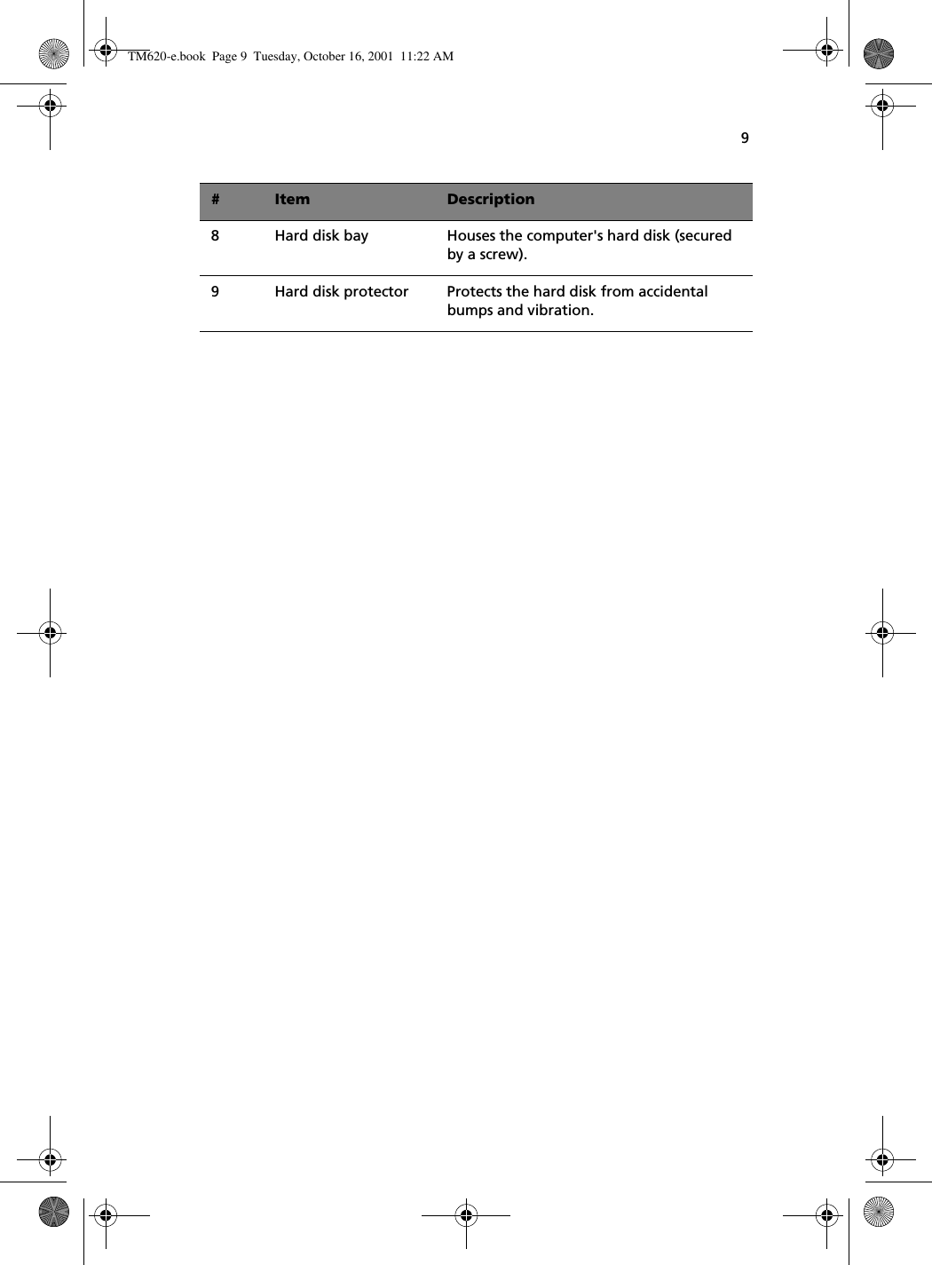 98 Hard disk bay  Houses the computer&apos;s hard disk (secured by a screw). 9 Hard disk protector Protects the hard disk from accidental bumps and vibration.# Item DescriptionTM620-e.book Page 9 Tuesday, October 16, 2001 11:22 AM