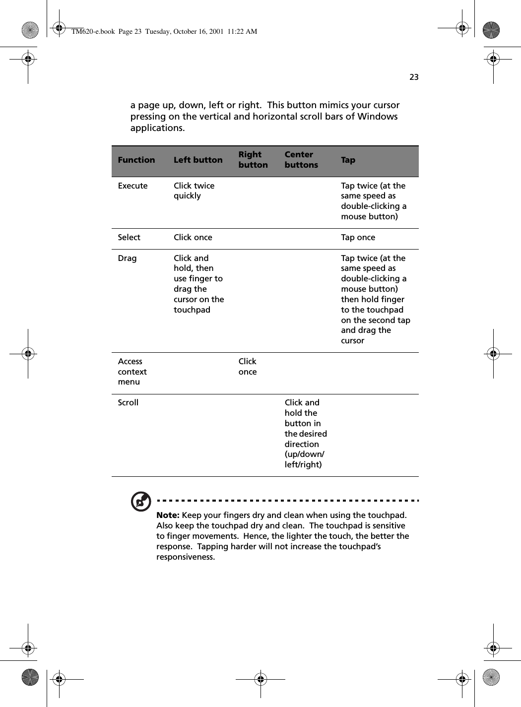 23a page up, down, left or right.  This button mimics your cursor pressing on the vertical and horizontal scroll bars of Windows applications.Note: Keep your fingers dry and clean when using the touchpad.  Also keep the touchpad dry and clean.  The touchpad is sensitive to finger movements.  Hence, the lighter the touch, the better the response.  Tapping harder will not increase the touchpad’s responsiveness.Function Left button Right buttonCenter buttons TapExecute Click twice quicklyTap twice (at the same speed as double-clicking a mouse button)Select Click once Tap onceDrag Click and hold, then use finger to drag the cursor on the touchpadTap twice (at the same speed as double-clicking a mouse button) then hold finger to the touchpad on the second tap and drag the cursorAccess context menuClick onceScroll Click and hold the button in the desired direction (up/down/left/right)TM620-e.book Page 23 Tuesday, October 16, 2001 11:22 AM