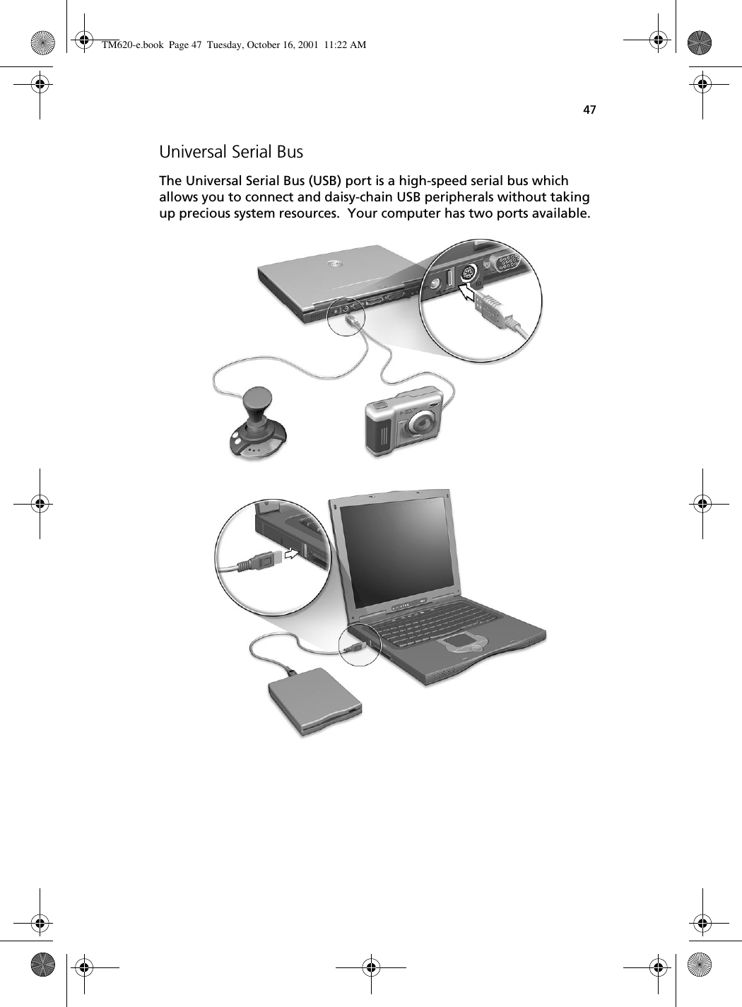 47Universal Serial BusThe Universal Serial Bus (USB) port is a high-speed serial bus which allows you to connect and daisy-chain USB peripherals without taking up precious system resources.  Your computer has two ports available.TM620-e.book Page 47 Tuesday, October 16, 2001 11:22 AM