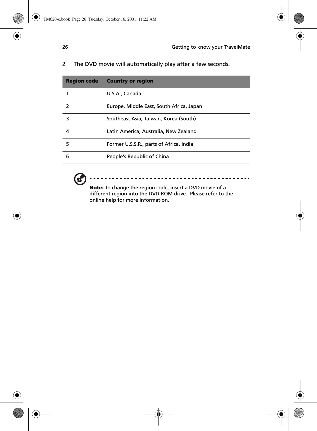  Getting to know your TravelMate262 The DVD movie will automatically play after a few seconds. Note: To change the region code, insert a DVD movie of a different region into the DVD-ROM drive.  Please refer to the online help for more information.Region code Country or region1 U.S.A., Canada2 Europe, Middle East, South Africa, Japan3 Southeast Asia, Taiwan, Korea (South)4 Latin America, Australia, New Zealand5 Former U.S.S.R., parts of Africa, India6 People&apos;s Republic of ChinaTM620-e.book Page 26 Tuesday, October 16, 2001 11:22 AM
