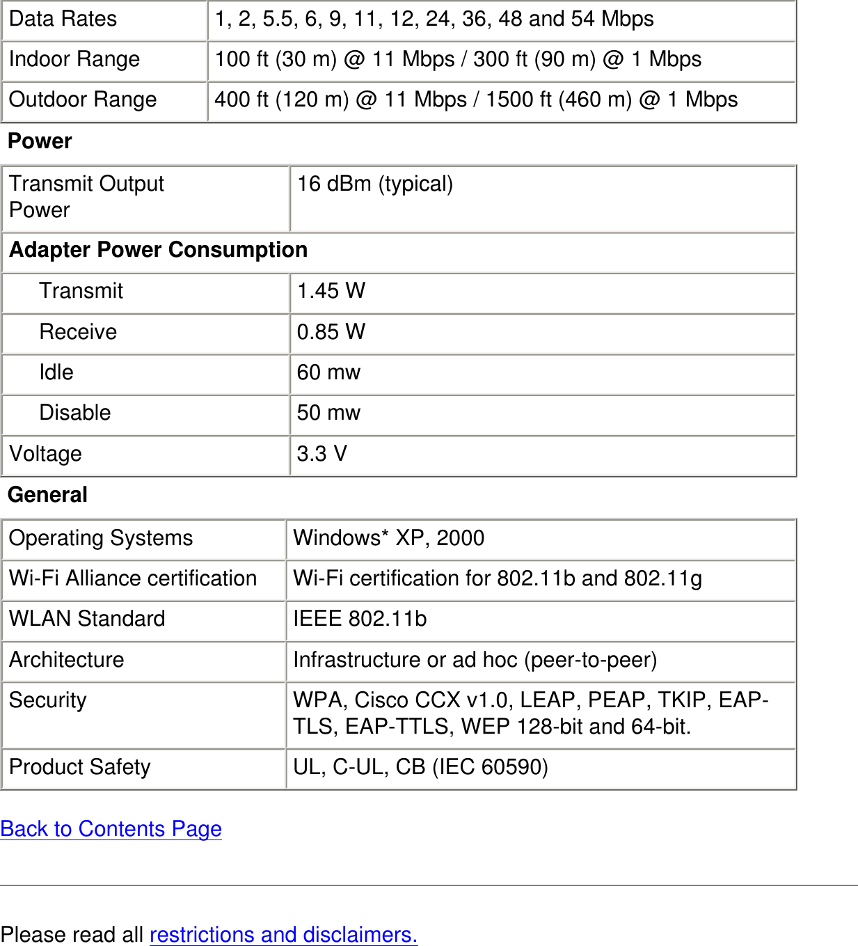 Data Rates 1, 2, 5.5, 6, 9, 11, 12, 24, 36, 48 and 54 MbpsIndoor Range 100 ft (30 m) @ 11 Mbps / 300 ft (90 m) @ 1 MbpsOutdoor Range 400 ft (120 m) @ 11 Mbps / 1500 ft (460 m) @ 1 MbpsPowerTransmit OutputPower 16 dBm (typical)Adapter Power Consumption     Transmit 1.45 W     Receive 0.85 W     Idle 60 mw     Disable 50 mwVoltage 3.3 VGeneralOperating Systems Windows* XP, 2000Wi-Fi Alliance certification Wi-Fi certification for 802.11b and 802.11gWLAN Standard IEEE 802.11b Architecture Infrastructure or ad hoc (peer-to-peer)Security WPA, Cisco CCX v1.0, LEAP, PEAP, TKIP, EAP-TLS, EAP-TTLS, WEP 128-bit and 64-bit.Product Safety UL, C-UL, CB (IEC 60590)Back to Contents PagePlease read all restrictions and disclaimers.