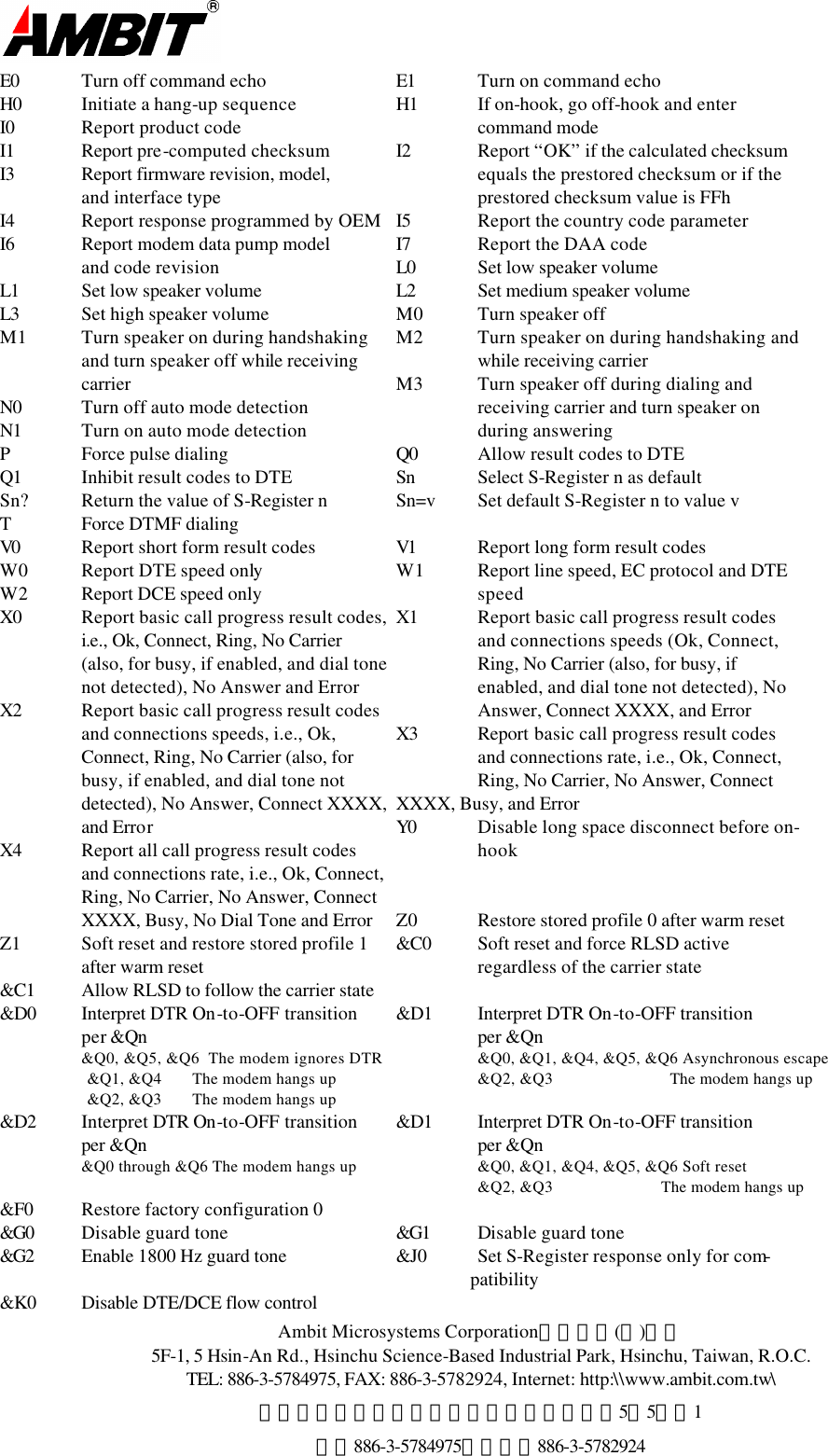  Ambit Microsystems Corporation國碁電子(股)公司 5F-1, 5 Hsin-An Rd., Hsinchu Science-Based Industrial Park, Hsinchu, Taiwan, R.O.C. TEL: 886-3-5784975, FAX: 886-3-5782924, Internet: http:\\www.ambit.com.tw\ 中華民國臺灣省新竹縣新竹科學園區新安路5號5樓之1 電話886-3-5784975，傳真：886-3-5782924  E0 Turn off command echo E1 Turn on command echo H0 Initiate a hang-up sequence H1 If on-hook, go off-hook and enter  I0 Report product code    command mode I1 Report pre-computed checksum I2 Report “OK” if the calculated checksum  I3 Report firmware revision, model,    equals the prestored checksum or if the  and interface type    prestored checksum value is FFh I4 Report response programmed by OEM  I5 Report the country code parameter I6 Report modem data pump model  I7 Report the DAA code  and code revision L0 Set low speaker volume L1 Set low speaker volume L2 Set medium speaker volume L3 Set high speaker volume M0 Turn speaker off M1 Turn speaker on during handshaking M2 Turn speaker on during handshaking and   and turn speaker off while receiving    while receiving carrier  carrier M3 Turn speaker off during dialing and  N0 Turn off auto mode detection    receiving carrier and turn speaker on N1 Turn on auto mode detection    during answering P Force pulse dialing Q0 Allow result codes to DTE Q1 Inhibit result codes to DTE Sn  Select S-Register n as default Sn? Return the value of S-Register n Sn=v Set default S-Register n to value v T Force DTMF dialing V0 Report short form result codes V1 Report long form result codes W0 Report DTE speed only W1 Report line speed, EC protocol and DTE W2 Report DCE speed only    speed X0 Report basic call progress result codes, X1 Report basic call progress result codes i.e., Ok, Connect, Ring, No Carrier    and connections speeds (Ok, Connect, (also, for busy, if enabled, and dial tone    Ring, No Carrier (also, for busy, if not detected), No Answer and Error    enabled, and dial tone not detected), No X2 Report basic call progress result codes    Answer, Connect XXXX, and Error and connections speeds, i.e., Ok, X3 Report basic call progress result codes Connect, Ring, No Carrier (also, for    and connections rate, i.e., Ok, Connect,   busy, if enabled, and dial tone not    Ring, No Carrier, No Answer, Connect detected), No Answer, Connect XXXX,  XXXX, Busy, and Error  and Error Y0 Disable long space disconnect before on- X4 Report all call progress result codes    hook  and connections rate, i.e., Ok, Connect,  Ring, No Carrier, No Answer, Connect     XXXX, Busy, No Dial Tone and Error Z0 Restore stored profile 0 after warm reset Z1 Soft reset and restore stored profile 1 &amp;C0 Soft reset and force RLSD active  after warm reset    regardless of the carrier state &amp;C1 Allow RLSD to follow the carrier state   &amp;D0 Interpret DTR On-to-OFF transition  &amp;D1 Interpret DTR On-to-OFF transition  per &amp;Qn    per &amp;Qn  &amp;Q0, &amp;Q5, &amp;Q6  The modem ignores DTR    &amp;Q0, &amp;Q1, &amp;Q4, &amp;Q5, &amp;Q6 Asynchronous escape                       &amp;Q1, &amp;Q4       The modem hangs up    &amp;Q2, &amp;Q3       The modem hangs up                       &amp;Q2, &amp;Q3       The modem hangs up &amp;D2 Interpret DTR On-to-OFF transition  &amp;D1 Interpret DTR On-to-OFF transition  per &amp;Qn    per &amp;Qn  &amp;Q0 through &amp;Q6 The modem hangs up    &amp;Q0, &amp;Q1, &amp;Q4, &amp;Q5, &amp;Q6 Soft reset       &amp;Q2, &amp;Q3     The modem hangs up &amp;F0 Restore factory configuration 0 &amp;G0 Disable guard tone &amp;G1 Disable guard tone &amp;G2 Enable 1800 Hz guard tone &amp;J0 Set S-Register response only for com-                      patibility &amp;K0 Disable DTE/DCE flow control        