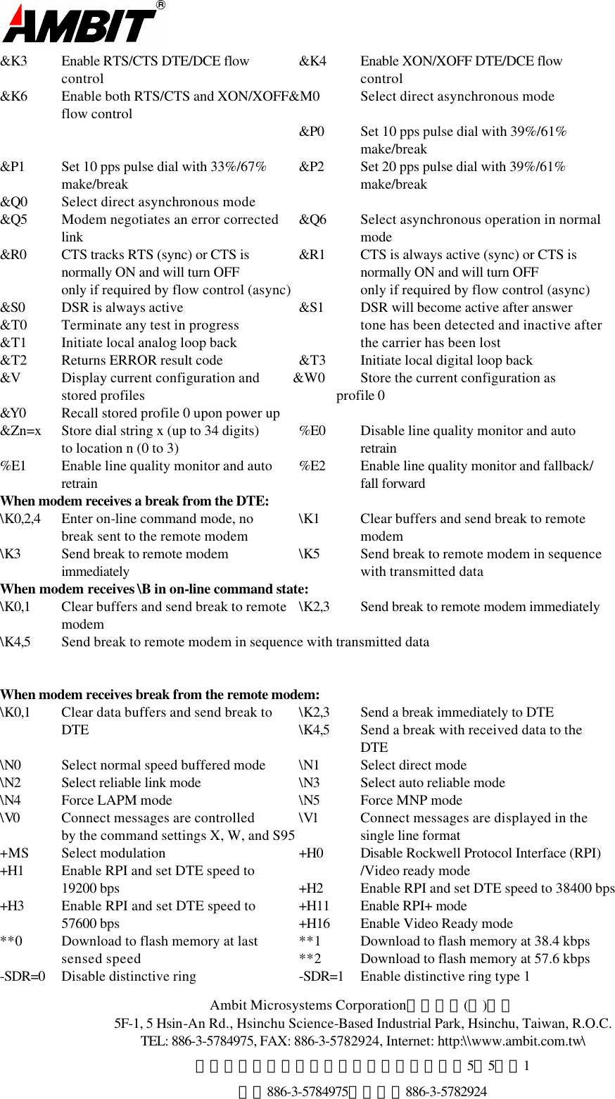  Ambit Microsystems Corporation國碁電子(股)公司 5F-1, 5 Hsin-An Rd., Hsinchu Science-Based Industrial Park, Hsinchu, Taiwan, R.O.C. TEL: 886-3-5784975, FAX: 886-3-5782924, Internet: http:\\www.ambit.com.tw\ 中華民國臺灣省新竹縣新竹科學園區新安路5號5樓之1 電話886-3-5784975，傳真：886-3-5782924  &amp;K3 Enable RTS/CTS DTE/DCE flow &amp;K4 Enable XON/XOFF DTE/DCE flow  control    control &amp;K6 Enable both RTS/CTS and XON/XOFF&amp;M0 Select direct asynchronous mode  flow control   &amp;P0 Set 10 pps pulse dial with 39%/61%      make/break &amp;P1  Set 10 pps pulse dial with 33%/67%  &amp;P2  Set 20 pps pulse dial with 39%/61%  make/break    make/break &amp;Q0 Select direct asynchronous mode &amp;Q5 Modem negotiates an error corrected  &amp;Q6 Select asynchronous operation in normal  link    mode &amp;R0 CTS tracks RTS (sync) or CTS is  &amp;R1 CTS is always active (sync) or CTS is  normally ON and will turn OFF    normally ON and will turn OFF   only if required by flow control (async)    only if required by flow control (async) &amp;S0 DSR is always active &amp;S1 DSR will become active after answer &amp;T0 Terminate any test in progress    tone has been detected and inactive after &amp;T1 Initiate local analog loop back    the carrier has been lost &amp;T2 Returns ERROR result code &amp;T3 Initiate local digital loop back &amp;V Display current configuration and          &amp;W0 Store the current configuration as  stored profiles                                                          profile 0 &amp;Y0 Recall stored profile 0 upon power up &amp;Zn=x Store dial string x (up to 34 digits) %E0 Disable line quality monitor and auto  to location n (0 to 3)    retrain %E1 Enable line quality monitor and auto %E2  Enable line quality monitor and fallback/  retrain    fall forward When modem receives a break from the DTE: \K0,2,4 Enter on-line command mode, no  \K1 Clear buffers and send break to remote  break sent to the remote modem    modem \K3 Send break to remote modem  \K5 Send break to remote modem in sequence  immediately    with transmitted data When modem receives \B in on-line command state: \K0,1 Clear buffers and send break to remote \K2,3 Send break to remote modem immediately  modem \K4,5 Send break to remote modem in sequence with transmitted data   When modem receives break from the remote modem: \K0,1 Clear data buffers and send break to \K2,3 Send a break immediately to DTE  DTE \K4,5 Send a break with received data to the     DTE \N0 Select normal speed buffered mode \N1 Select direct mode \N2 Select reliable link mode \N3 Select auto reliable mode \N4 Force LAPM mode \N5 Force MNP mode \V0 Connect messages are controlled \V1 Connect messages are displayed in the   by the command settings X, W, and S95   single line format +MS Select modulation +H0 Disable Rockwell Protocol Interface (RPI) +H1 Enable RPI and set DTE speed to    /Video ready mode  19200 bps +H2  Enable RPI and set DTE speed to 38400 bps +H3 Enable RPI and set DTE speed to  +H11 Enable RPI+ mode  57600 bps +H16 Enable Video Ready mode **0 Download to flash memory at last  **1 Download to flash memory at 38.4 kbps  sensed speed **2 Download to flash memory at 57.6 kbps -SDR=0 Disable distinctive ring -SDR=1 Enable distinctive ring type 1 