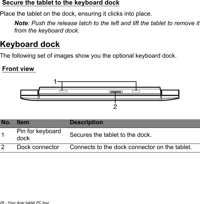 28 - Your Acer tablet PC tourSecure the tablet to the keyboard dockPlace the tablet on the dock, ensuring it clicks into place. Note: Push the release latch to the left and lift the tablet to remove it from the keyboard dock.Keyboard dockThe following set of images show you the optional keyboard dock.Front view12 No. Item Description1Pin for keyboard dock Secures the tablet to the dock.2Dock connector Connects to the dock connector on the tablet.