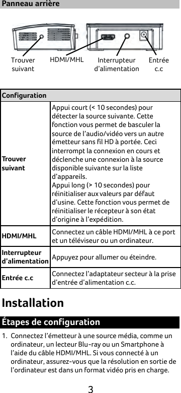  3 Panneau arrière  Configuration Trouver suivant Appui court (&lt; 10 secondes) pour détecter la source suivante. Cette fonction vous permet de basculer la source de l’audio/vidéo vers un autre émetteur sans fil HD à portée. Ceci interrompt la connexion en cours et déclenche une connexion à la source disponible suivante sur la liste d’appareils. Appui long (&gt; 10 secondes) pour réinitialiser aux valeurs par défaut d’usine. Cette fonction vous permet de réinitialiser le récepteur à son état d’origine à l’expédition.   HDMI/MHL Connectez un câble HDMI/MHL à ce port et un téléviseur ou un ordinateur. Interrupteur d’alimentation Appuyez pour allumer ou éteindre. Entrée c.c Connectez l’adaptateur secteur à la prise d’entrée d’alimentation c.c. Installation Étapes de configuration 1. Connectez l’émetteur à une source média, comme un ordinateur, un lecteur Blu-ray ou un Smartphone à l’aide du câble HDMI/MHL. Si vous connecté à un ordinateur, assurez-vous que la résolution en sortie de l’ordinateur est dans un format vidéo pris en charge. Trouver suivant HDMI/MHL Interrupteur d’alimentation Entrée c.c 