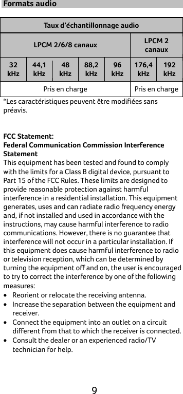  9 Formats audio  Taux d’échantillonnage audio LPCM 2/6/8 canaux LPCM 2 canaux 32 kHz 44,1 kHz 48 kHz 88,2 kHz 96 kHz 176,4 kHz 192 kHz Pris en charge Pris en charge *Les caractéristiques peuvent être modifiées sans préavis.   FCC Statement: Federal Communication Commission Interference Statement   This equipment has been tested and found to comply with the limits for a Class B digital device, pursuant to Part 15 of the FCC Rules. These limits are designed to provide reasonable protection against harmful interference in a residential installation. This equipment generates, uses and can radiate radio frequency energy and, if not installed and used in accordance with the instructions, may cause harmful interference to radio communications. However, there is no guarantee that interference will not occur in a particular installation. If this equipment does cause harmful interference to radio or television reception, which can be determined by turning the equipment off and on, the user is encouraged to try to correct the interference by one of the following measures: • Reorient or relocate the receiving antenna. • Increase the separation between the equipment and receiver. • Connect the equipment into an outlet on a circuit different from that to which the receiver is connected. • Consult the dealer or an experienced radio/TV technician for help. 