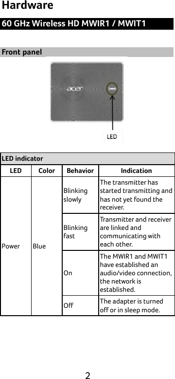  2 Hardware 60 GHz Wireless HD MWIR1 / MWIT1  Front panel   LED indicator LED Color Behavior Indication Power Blue Blinking slowly The transmitter has started transmitting and has not yet found the receiver. Blinking fast Transmitter and receiver are linked and communicating with each other. On The MWIR1 and MWIT1 have established an audio/video connection, the network is established. Off The adapter is turned off or in sleep mode.  