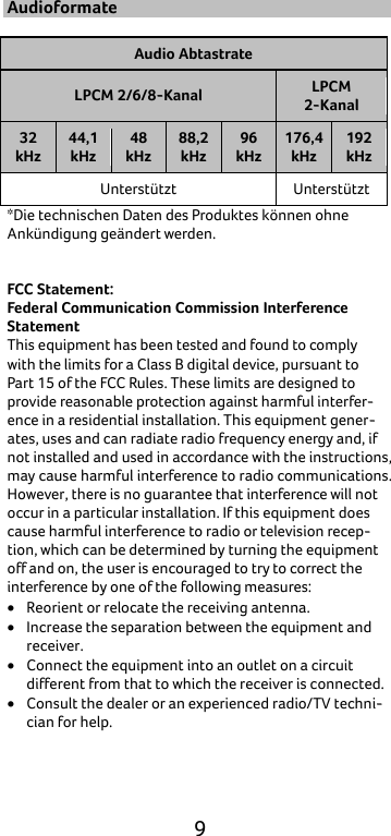  9 Audioformate  Audio Abtastrate LPCM 2/6/8-Kanal LPCM 2-Kanal 32 kHz 44,1 kHz 48 kHz 88,2 kHz 96 kHz 176,4 kHz 192 kHz Unterstützt Unterstützt *Die technischen Daten des Produktes können ohne Ankündigung geändert werden.   FCC Statement: Federal Communication Commission Interference Statement   This equipment has been tested and found to comply with the limits for a Class B digital device, pursuant to Part 15 of the FCC Rules. These limits are designed to provide reasonable protection against harmful interfer-ence in a residential installation. This equipment gener-ates, uses and can radiate radio frequency energy and, if not installed and used in accordance with the instructions, may cause harmful interference to radio communications. However, there is no guarantee that interference will not occur in a particular installation. If this equipment does cause harmful interference to radio or television recep-tion, which can be determined by turning the equipment off and on, the user is encouraged to try to correct the interference by one of the following measures: • Reorient or relocate the receiving antenna. • Increase the separation between the equipment and receiver. • Connect the equipment into an outlet on a circuit different from that to which the receiver is connected. • Consult the dealer or an experienced radio/TV techni-cian for help. 