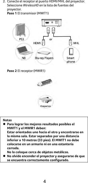  4 2. Conecte el receptor al puerto HDMI/MHL del proyector. Seleccione WirelessHD en la lista de fuentes del proyector. Paso 1 El transmisor (MWIT1)    Paso 2 El receptor (MWIR1)   Notas  Para lograr los mejores resultados posibles el MWIT1 y el MWIR1 deben: Estar orientados uno hacia el otro y encontrarse en la misma sala. Estar separados por una distancia inferior a 10 metros (33 pies). El MWIT1 no debe colocarse en un armario ni en una estantería cerrada. No lo coloque cerca de objetos metálicos.  No olvide encender el proyector y asegurarse de que se encuentra correctamente configurado.  