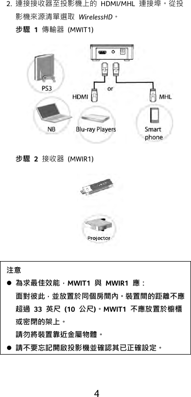  4 2. 連接接收器至投影機上的 HDMI/MHL  連接埠。從投影機來源清單選取 WirelessHD。 步驟 1  傳輸器 (MWIT1)    步驟 2  接收器 (MWIR1)   注意  為求最佳效能，MWIT1  與 MWIR1  應： 面對彼此，並放置於同個房間內。裝置間的距離不應超過 33  英尺 (10  公尺)。MWIT1  不應放置於櫥櫃或密閉的架上。 請勿將裝置靠近金屬物體。  請不要忘記開啟投影機並確認其已正確設定。  