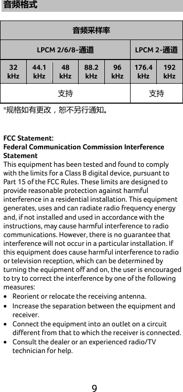  9 音频格式  音频采样率 LPCM 2/6/8-通道 LPCM 2-通道 32 kHz 44.1 kHz 48 kHz 88.2 kHz 96 kHz 176.4 kHz 192 kHz 支持 支持 *规格如有更改，恕不另行通知。   FCC Statement: Federal Communication Commission Interference Statement   This equipment has been tested and found to comply with the limits for a Class B digital device, pursuant to Part 15 of the FCC Rules. These limits are designed to provide reasonable protection against harmful interference in a residential installation. This equipment generates, uses and can radiate radio frequency energy and, if not installed and used in accordance with the instructions, may cause harmful interference to radio communications. However, there is no guarantee that interference will not occur in a particular installation. If this equipment does cause harmful interference to radio or television reception, which can be determined by turning the equipment off and on, the user is encouraged to try to correct the interference by one of the following measures: • Reorient or relocate the receiving antenna. • Increase the separation between the equipment and receiver. • Connect the equipment into an outlet on a circuit different from that to which the receiver is connected. • Consult the dealer or an experienced radio/TV technician for help. 