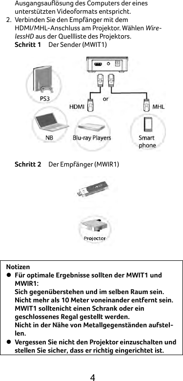  4 Ausgangsauflösung des Computers der eines unterstützten Videoformats entspricht. 2. Verbinden Sie den Empfänger mit dem HDMI/MHL-Anschluss am Projektor. Wählen Wire-lessHD aus der Quellliste des Projektors. Schritt 1   Der Sender (MWIT1)    Schritt 2   Der Empfänger (MWIR1)   Notizen  Für optimale Ergebnisse sollten der MWIT1 und MWIR1: Sich gegenüberstehen und im selben Raum sein. Nicht mehr als 10 Meter voneinander entfernt sein. MWIT1 solltenicht einen Schrank oder ein geschlossenes Regal gestellt werden. Nicht in der Nähe von Metallgegenständen aufstel-len.  Vergessen Sie nicht den Projektor einzuschalten und stellen Sie sicher, dass er richtig eingerichtet ist.  
