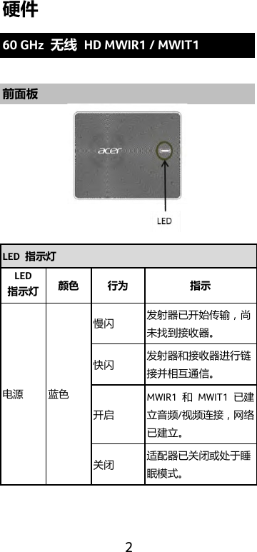  2 硬件 60 GHz  无线 HD MWIR1 / MWIT1  前面板   LED  指示灯 LED   指示灯 颜色 行为 指示 电源 蓝色 慢闪 发射器已开始传输，尚未找到接收器。 快闪 发射器和接收器进行链接并相互通信。 开启 MWIR1  和 MWIT1  已建立音频/视频连接，网络已建立。 关闭 适配器已关闭或处于睡眠模式。  