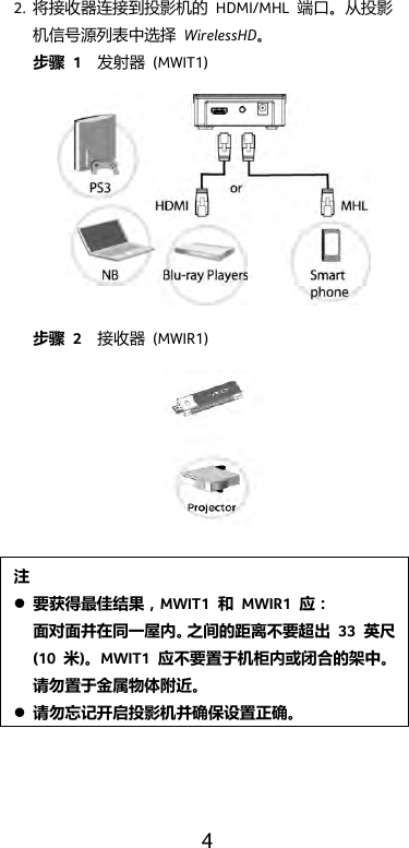  4 2. 将接收器连接到投影机的 HDMI/MHL  端口。从投影机信号源列表中选择 WirelessHD。 步骤 1   发射器 (MWIT1)    步骤 2   接收器 (MWIR1)   注  要获得最佳结果，MWIT1  和 MWIR1  应： 面对面并在同一屋内。之间的距离不要超出 33  英尺 (10  米)。MWIT1  应不要置于机柜内或闭合的架中。 请勿置于金属物体附近。  请勿忘记开启投影机并确保设置正确。  