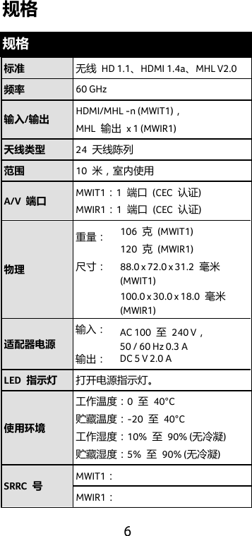  6 规格 规格 标准 无线 HD 1.1、HDMI 1.4a、MHL V2.0 频率 60 GHz 输入/输出 HDMI/MHL -n (MWIT1)， MHL  输出 x 1 (MWIR1) 天线类型 24  天线陈列 范围 10  米，室内使用 A/V  端口 MWIT1：1  端口 (CEC  认证)   MWIR1：1  端口 (CEC  认证)   物理 重量：  尺寸：    106  克 (MWIT1) 120  克 (MWIR1) 88.0 x 72.0 x 31.2  毫米 (MWIT1) 100.0 x 30.0 x 18.0  毫米 (MWIR1) 适配器电源 输入：  输出： AC 100  至 240 V， 50 / 60 Hz 0.3 A DC 5 V 2.0 A LED  指示灯 打开电源指示灯。 使用环境 工作温度：0  至 40°C 贮藏温度：-20  至 40°C 工作湿度：10%  至 90% (无冷凝) 贮藏湿度：5%  至 90% (无冷凝) SRRC  号 MWIT1： MWIR1：  