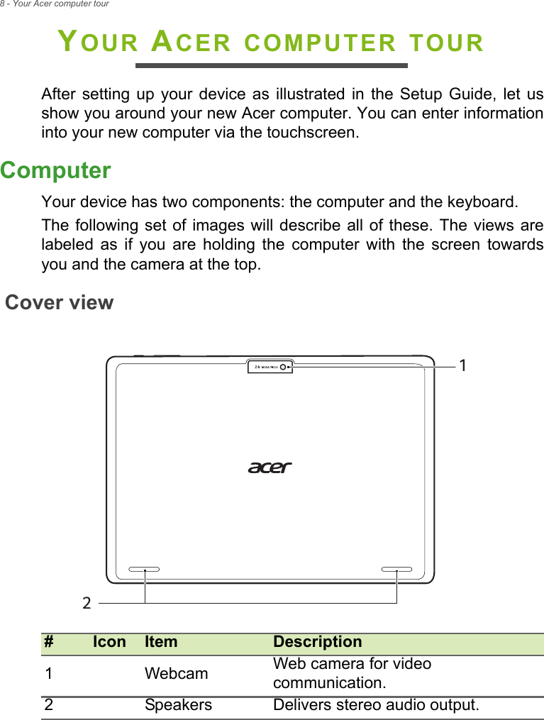 8 - Your Acer computer tourYOUR ACER COMPUTER TOURAfter setting up your device as illustrated in the Setup Guide, let us show you around your new Acer computer. You can enter information into your new computer via the touchscreen.ComputerYour device has two components: the computer and the keyboard.The following set of images will describe all of these. The views are labeled as if you are holding the computer with the screen towards you and the camera at the top.Cover view#Icon Item Description1Webcam Web camera for video communication.2Speakers Delivers stereo audio output.12