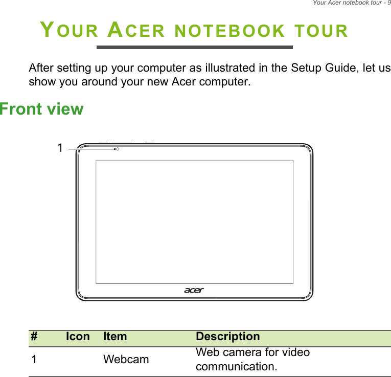 Your Acer notebook tour - 9YOUR ACER NOTEBOOK TOURAfter setting up your computer as illustrated in the Setup Guide, let us show you around your new Acer computer.Front view#Icon Item Description1Webcam Web camera for video communication.1