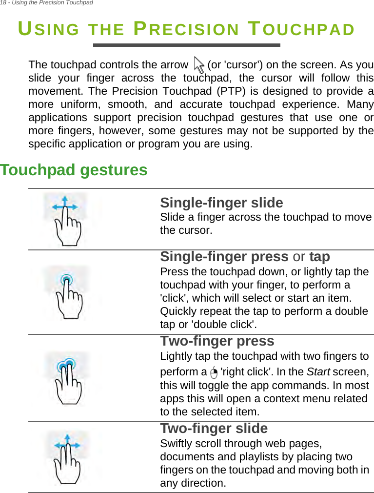 18 - Using the Precision TouchpadUSING THE PRECISION TOUCHPADThe touchpad controls the arrow   (or &apos;cursor&apos;) on the screen. As you slide your finger across the touchpad, the cursor will follow this movement. The Precision Touchpad (PTP) is designed to provide a more uniform, smooth, and accurate touchpad experience. Many applications support precision touchpad gestures that use one or more fingers, however, some gestures may not be supported by the specific application or program you are using.Touchpad gesturesSingle-finger slide Slide a finger across the touchpad to move the cursor.Single-finger press or tap Press the touchpad down, or lightly tap the touchpad with your finger, to perform a &apos;click&apos;, which will select or start an item. Quickly repeat the tap to perform a double tap or &apos;double click&apos;.Two-finger press Lightly tap the touchpad with two fingers to perform a   &apos;right click&apos;. In the Start screen, this will toggle the app commands. In most apps this will open a context menu related to the selected item.Two-finger slide Swiftly scroll through web pages, documents and playlists by placing two fingers on the touchpad and moving both in any direction.   