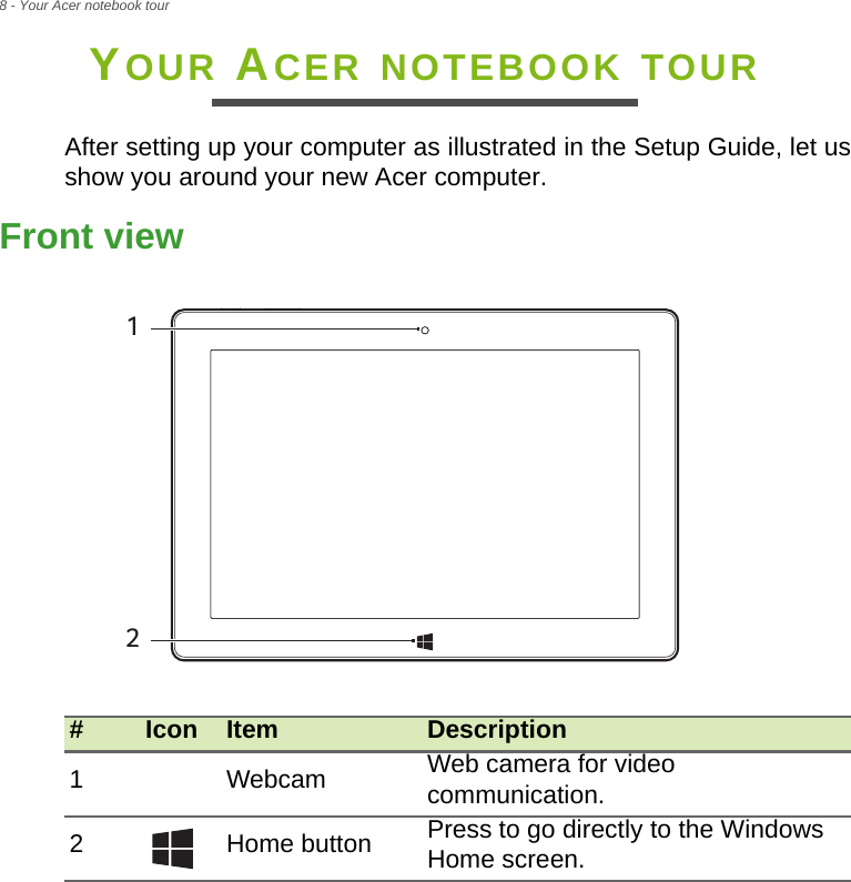 8 - Your Acer notebook tourYOUR ACER NOTEBOOK TOURAfter setting up your computer as illustrated in the Setup Guide, let us show you around your new Acer computer.Front view#Icon Item Description1Webcam Web camera for video communication.2Home button Press to go directly to the Windows Home screen.12