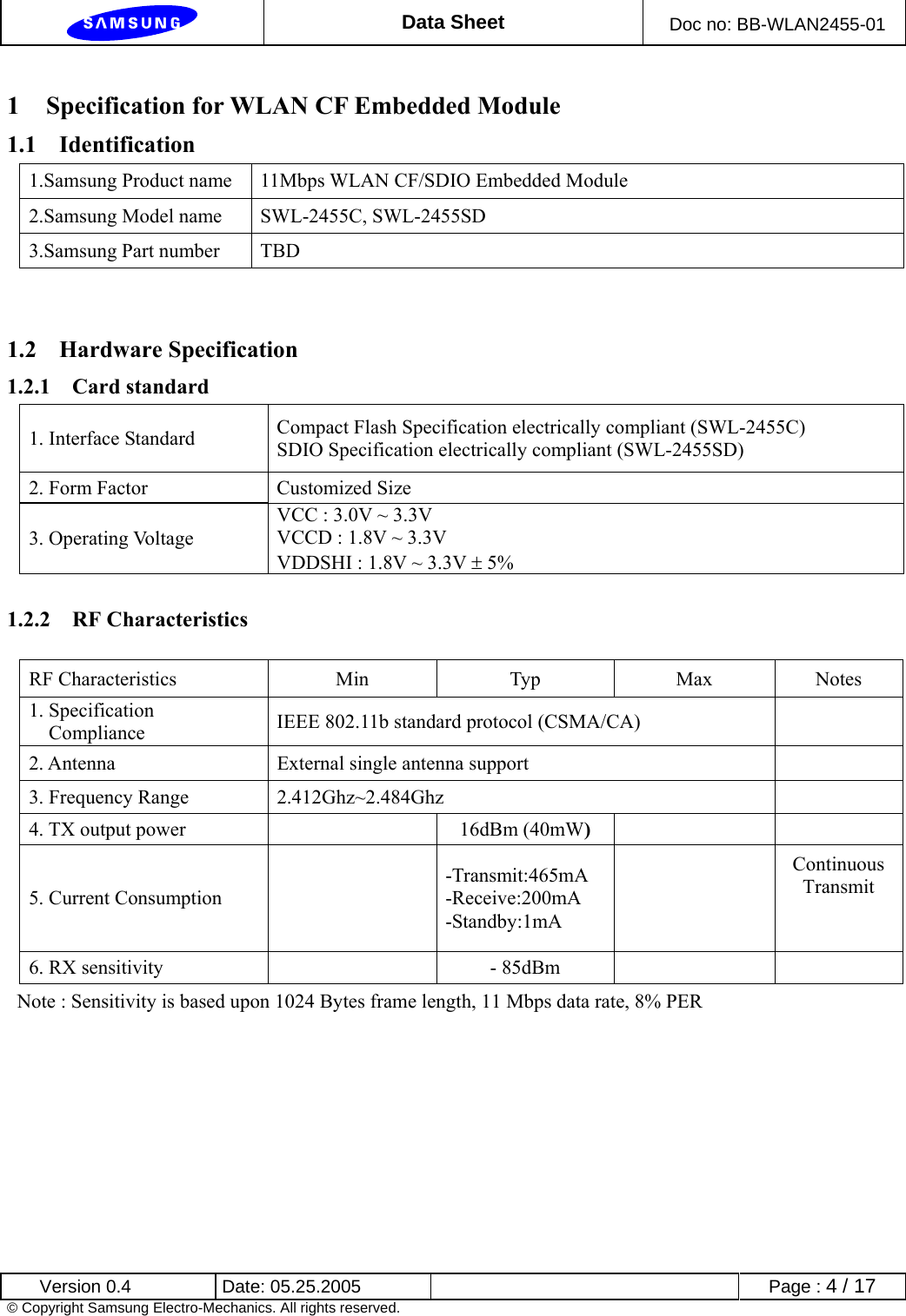  Data Sheet  Doc no: BB-WLAN2455-01  Version 0.4  Date: 05.25.2005      Page : 4 / 17 © Copyright Samsung Electro-Mechanics. All rights reserved. 1 Specification for WLAN CF Embedded Module 1.1 Identification 1.Samsung Product name  11Mbps WLAN CF/SDIO Embedded Module 2.Samsung Model name  SWL-2455C, SWL-2455SD 3.Samsung Part number  TBD   1.2 Hardware Specification 1.2.1 Card standard 1. Interface Standard  Compact Flash Specification electrically compliant (SWL-2455C) SDIO Specification electrically compliant (SWL-2455SD) 2. Form Factor  Customized Size 3. Operating Voltage VCC : 3.0V ~ 3.3V VCCD : 1.8V ~ 3.3V   VDDSHI : 1.8V ~ 3.3V ± 5%  1.2.2 RF Characteristics      RF Characteristics  Min  Typ  Max  Notes 1. Specification Compliance  IEEE 802.11b standard protocol (CSMA/CA)   2. Antenna External single antenna support   3. Frequency Range 2.412Ghz~2.484Ghz  4. TX output power      16dBm (40mW)    5. Current Consumption   -Transmit:465mA -Receive:200mA -Standby:1mA  Continuous Transmit   6. RX sensitivity   - 85dBm       Note : Sensitivity is based upon 1024 Bytes frame length, 11 Mbps data rate, 8% PER    