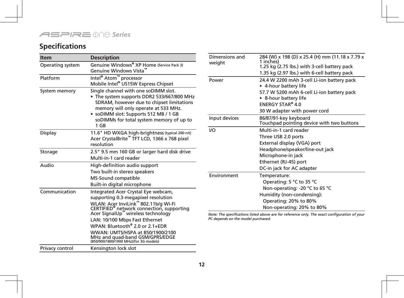 12 SeriesSpecifications Item DescriptionOperating system Genuine Windows® XP Home (Service Pack 3)Genuine Windows Vista™Platform Intel® Atom™ processor Mobile Intel® US15W Express ChipsetSystem memory Single channel with one soDIMM slot.• The system supports DDR2 533/667/800 MHz SDRAM, however due to chipset limitations memory will only operate at 533 MHz. • soDIMMslot:Supports512MB/1GB soDIMMs for total system memory of up to 1GBDisplay 11.6&quot; HD WXGA high-brightness (typical 200-nit) AcerCrystalBrite™ TFT LCD, 1366 x 768 pixel resolutionStorage 2.5&quot;9.5mm160GBorlargerharddiskdriveMulti-in-1 card readerAudio High-definition audio supportTwo built-in stereo speakersMS-Sound compatibleBuilt-indigitalmicrophoneCommunication Integrated Acer Crystal Eye webcam, supporting 0.3-megapixel resolutionWLAN: Acer InviLink™ 802.11b/g Wi-Fi CERTIFIED® network connection, supporting Acer SignalUp™ wireless technologyLAN: 10/100 Mbps Fast EthernetWPAN:Bluetooth®2.0or2.1+EDRWWAN: UMTS/HSPA at 850/1900/2100 MHz and quad-band GSM/GPRS/EDGE (850/900/1800/1900 MHz)(for 3G models)  Privacy control Kensington lock slotDimensions and weight284 (W) x 198 (D) x 25.4 (H) mm (11.18 x 7.79 x 1 inches) 1.25 kg (2.75 lbs.) with 3-cell battery pack1.35 kg (2.97 lbs.) with 6-cell battery packPower 24.4 W 2200 mAh 3-cell Li-ion battery pack• 4-hourbatterylife57.7 W 5200 mAh 6-cell Li-ion battery pack• 8-hourbatterylifeENERGY STAR® 4.030 W adapter with power cordInput devices 86/87/91-key keyboard Touchpad pointing device with two buttonsI/O  Multi-in-1 card readerThreeUSB2.0portsExternal display (VGA) portHeadphone/speaker/line-out jackMicrophone-in jackEthernet (RJ-45) portDC-in jack for AC adapterEnvironment Temperature:Operating: 5 °C to 35 °CNon-operating: -20 °C to 65 °CHumidity (non-condensing):Operating: 20% to 80%Non-operating: 20% to 80%Note: The specifications listed above are for reference only. The exact configuration of your PC depends on the model purchased.   