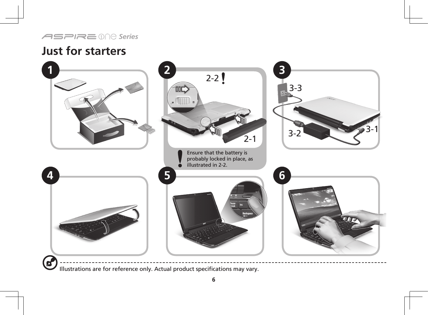 6 SeriesJust for starters1 2 34 5 63-13-23-32-12-2Illustrations are for reference only. Actual product specifications may vary.Ensure that the battery is probably locked in place, as illustrated in 2-2.