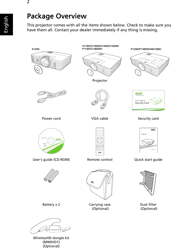 2EnglishPackage OverviewThis projector comes with all the items shown below. Check to make sure you have them all. Contact your dealer immediately if any thing is missing.ProjectorPower cord VGA cable Security cardUser’s guide (CD-ROM) Remote control Quick start guideBattery x 2 Carrying case (Optional)Dust filter (Optional)WirelessHD dongle kit (MWIHD1)(Optional)X1185/X1185N/X1285/X1285N/P1185/X1385WH  P1285/P1385W/H6518BD S1285 