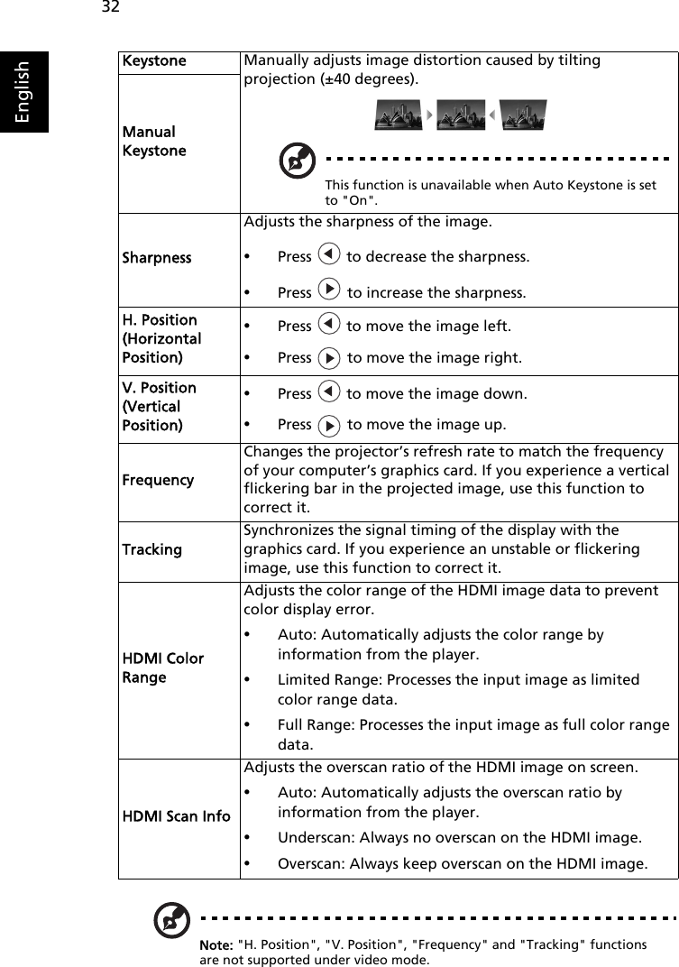 32EnglishNote: &quot;H. Position&quot;, &quot;V. Position&quot;, &quot;Frequency&quot; and &quot;Tracking&quot; functions are not supported under video mode.Keystone Manually adjusts image distortion caused by tilting projection (±40 degrees).This function is unavailable when Auto Keystone is set to &quot;On&quot;.Manual KeystoneSharpnessAdjusts the sharpness of the image.•Press   to decrease the sharpness.•Press   to increase the sharpness.H. Position (Horizontal Position)•Press   to move the image left.•Press   to move the image right.V. Position (Vertical Position)•Press   to move the image down.•Press   to move the image up.FrequencyChanges the projector’s refresh rate to match the frequency of your computer’s graphics card. If you experience a vertical flickering bar in the projected image, use this function to correct it.TrackingSynchronizes the signal timing of the display with the graphics card. If you experience an unstable or flickering image, use this function to correct it.HDMI Color RangeAdjusts the color range of the HDMI image data to prevent color display error.•Auto: Automatically adjusts the color range by information from the player.•Limited Range: Processes the input image as limited color range data.•Full Range: Processes the input image as full color range data.HDMI Scan InfoAdjusts the overscan ratio of the HDMI image on screen.•Auto: Automatically adjusts the overscan ratio by information from the player.•Underscan: Always no overscan on the HDMI image.•Overscan: Always keep overscan on the HDMI image.