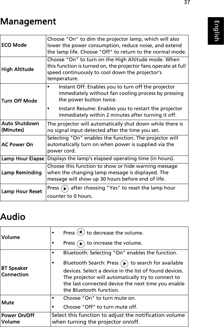 37EnglishManagementAudioECO ModeChoose &quot;On&quot; to dim the projector lamp, which will also lower the power consumption, reduce noise, and extend the lamp life. Choose &quot;Off&quot; to return to the normal mode.High AltitudeChoose &quot;On&quot; to turn on the High Altitude mode. When this function is turned on, the projector fans operate at full speed continuously to cool down the projector’s temperature.Turn Off Mode•Instant Off: Enables you to turn off the projector immediately without fan cooling process by pressing the power button twice.•Instant Resume: Enables you to restart the projector immediately within 2 minutes after turning it off.Auto Shutdown(Minutes)The projector will automatically shut down while there is no signal input detected after the time you set.AC Power OnSelecting &quot;On&quot; enables the function. The projector will automatically turn on when power is supplied via the power cord.Lamp Hour Elapse Displays the lamp’s elapsed operating time (in hours).Lamp RemindingChoose this function to show or hide warning message when the changing lamp message is displayed. The message will show up 30 hours before end of life.Lamp Hour Reset Press   after choosing &quot;Yes&quot; to reset the lamp hour counter to 0 hours.Volume •Press   to decrease the volume.•Press   to increase the volume.BT Speaker Connection•Bluetooth: Selecting &quot;On&quot; enables the function.•Bluetooth Search: Press   to search for available devices. Select a device in the list of found devices. The projector will automatically try to connect to the last connected device the next time you enable the Bluetooth function.Mute •Choose &quot;On&quot; to turn mute on.•Choose &quot;Off&quot; to turn mute off.Power On/Off VolumeSelect this function to adjust the notification volume when turning the projector on/off.