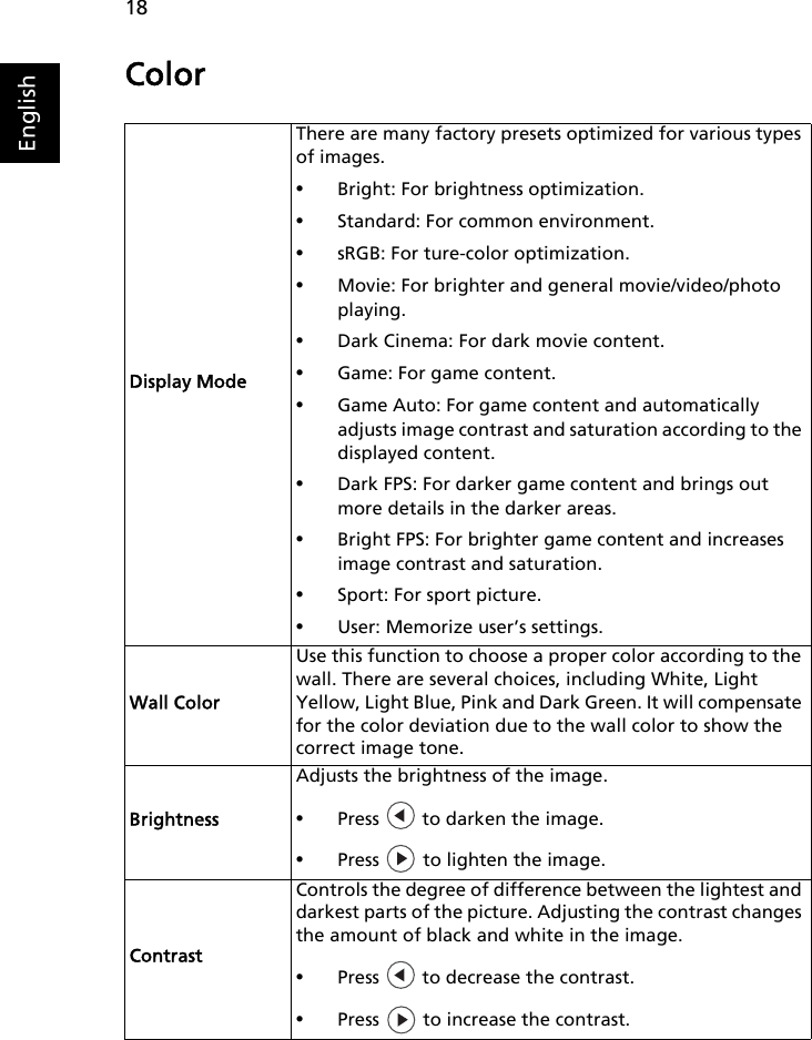 18EnglishColorDisplay ModeThere are many factory presets optimized for various types of images.•Bright: For brightness optimization.•Standard: For common environment.•sRGB: For ture-color optimization.•Movie: For brighter and general movie/video/photo playing.•Dark Cinema: For dark movie content.•Game: For game content.•Game Auto: For game content and automatically adjusts image contrast and saturation according to the displayed content.•Dark FPS: For darker game content and brings out more details in the darker areas. •Bright FPS: For brighter game content and increases image contrast and saturation.•Sport: For sport picture.•User: Memorize user’s settings.Wall ColorUse this function to choose a proper color according to the wall. There are several choices, including White, Light Yellow, Light Blue, Pink and Dark Green. It will compensate for the color deviation due to the wall color to show the correct image tone.BrightnessAdjusts the brightness of the image.•Press   to darken the image.•Press   to lighten the image.ContrastControls the degree of difference between the lightest and darkest parts of the picture. Adjusting the contrast changes the amount of black and white in the image.•Press   to decrease the contrast.•Press   to increase the contrast.